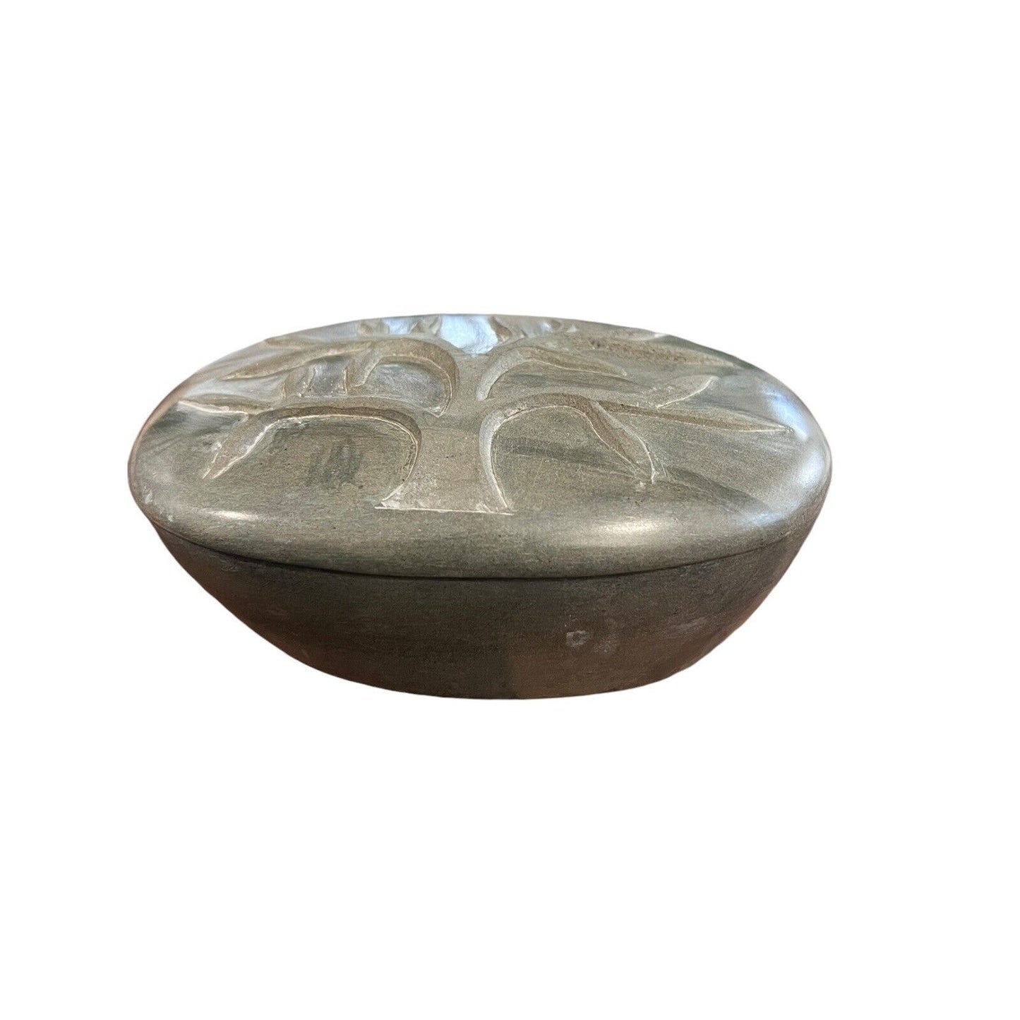 Carved Tree Gray Green Soapstone Lidded Trinket Box Smooth Haiti Soap Dish