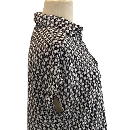 Small Pleione Women's Cap Sleeve Black White Button Up Blouse Slightly Sheer