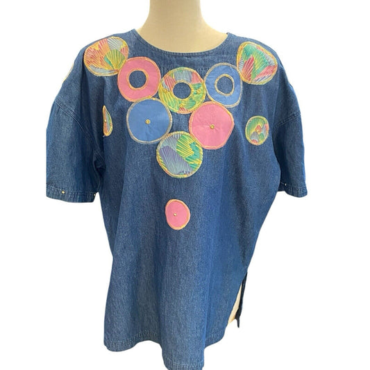 Vintage Denim Jean Circle Patchwork Embroidered Shirt Pullover Grannycore 80’s L