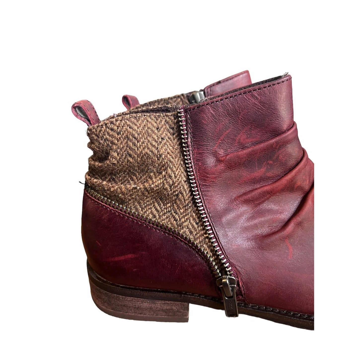 7.5 CAT CATERPILLAR KILEY Maroon Burgundy Leather Tweed Ankle Boots Zip