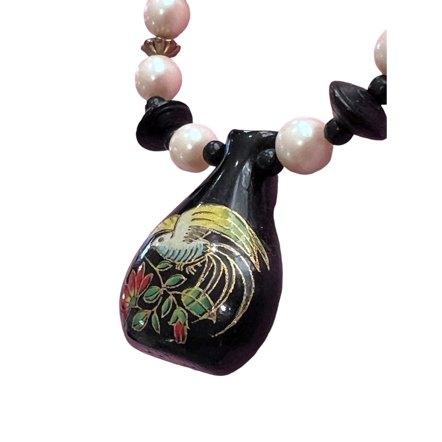 Faux Pearl Beads Black Painted Bird Floral Wood Pendant Strand Necklace Asian 29
