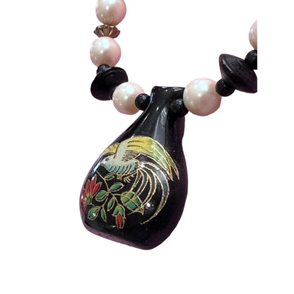 Faux Pearl Beads Black Painted Bird Floral Wood Pendant Strand Necklace Asian 29
