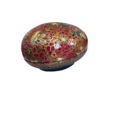 Floral Egg Kashmir India Boudoir Jewelry Ring Box Hand Painted Paper Mache Vtg