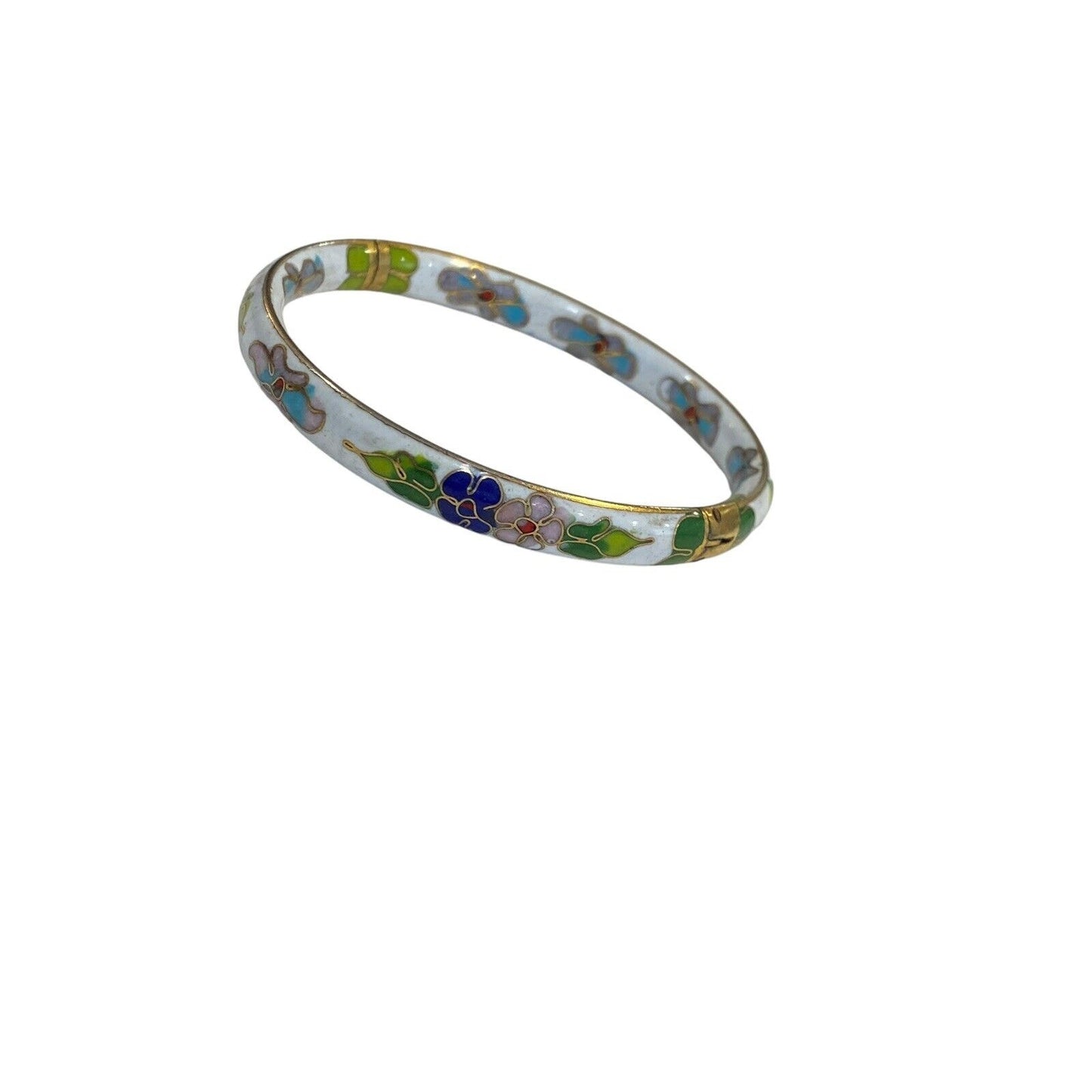 Vintage Cloisonne White Green Floral Flower Enamel Hinged Cuff Bangle Bracelet