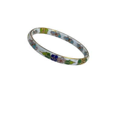 Vintage Cloisonne White Green Floral Flower Enamel Hinged Cuff Bangle Bracelet
