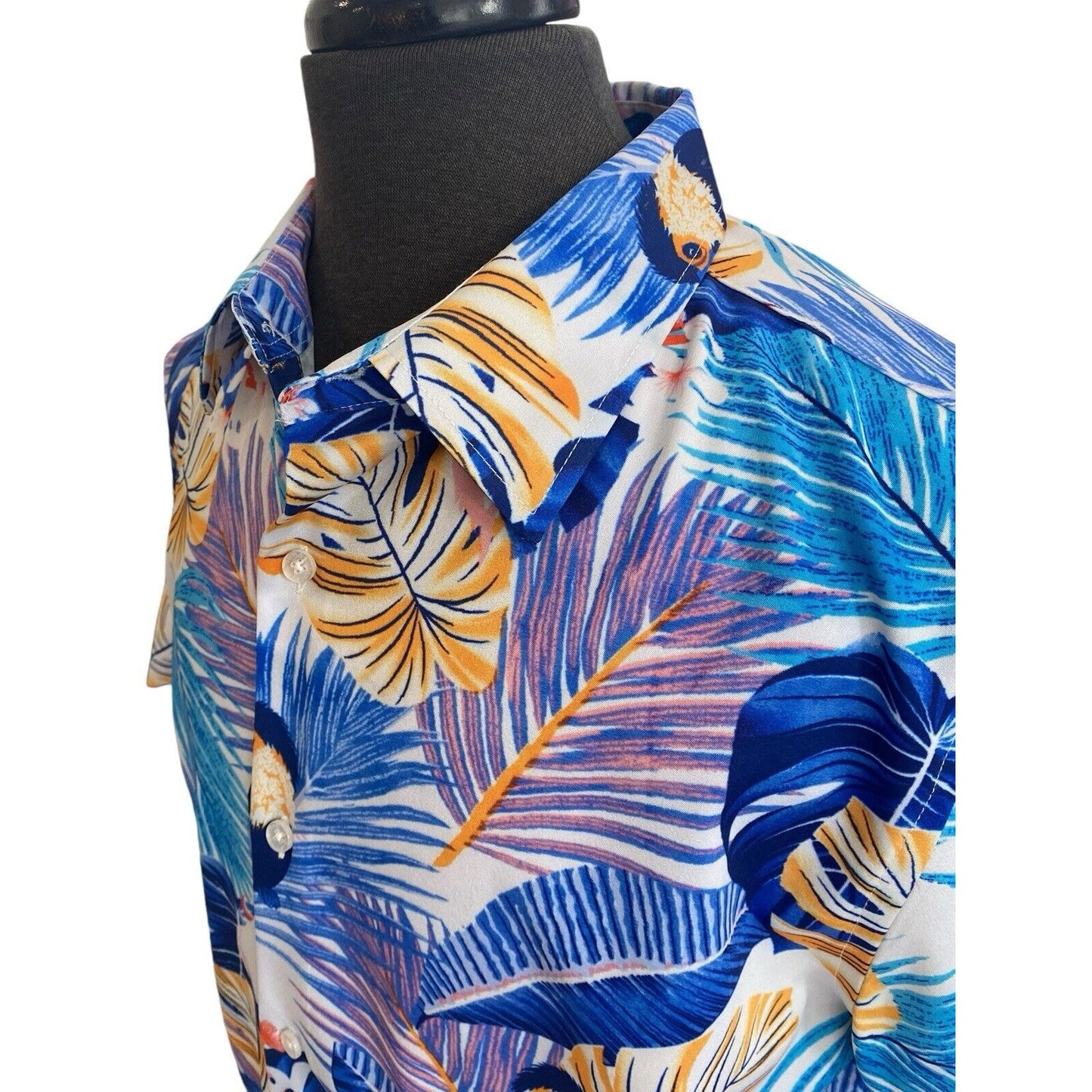 Large Suslo Couture Blue White Palm Toucan Button Down Hawaiian Shirt