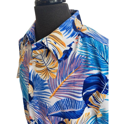 Large Suslo Couture Blue White Palm Toucan Button Down Hawaiian Shirt