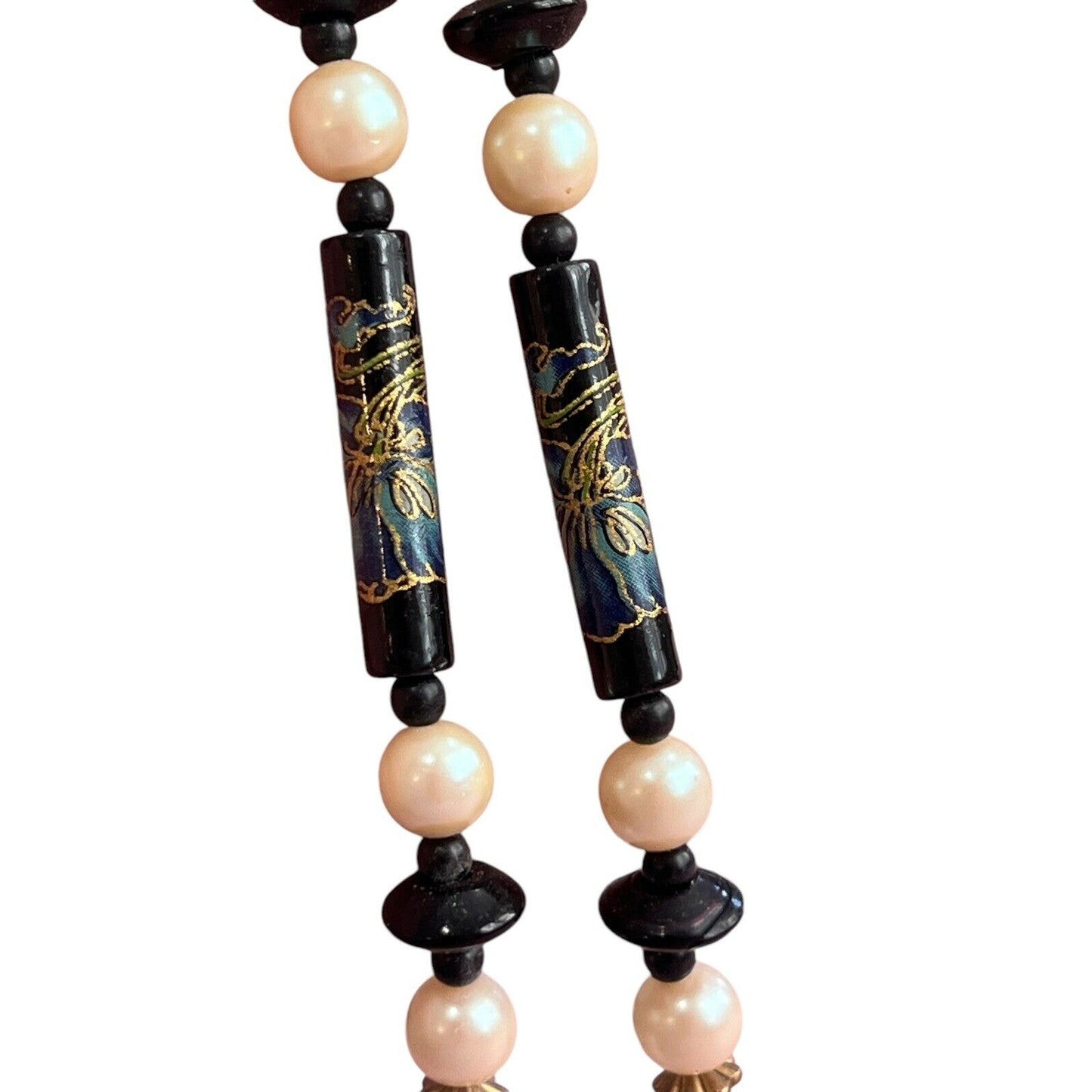 Faux Pearl Beads Black Painted Bird Floral Wood Pendant Strand Necklace Asian 29