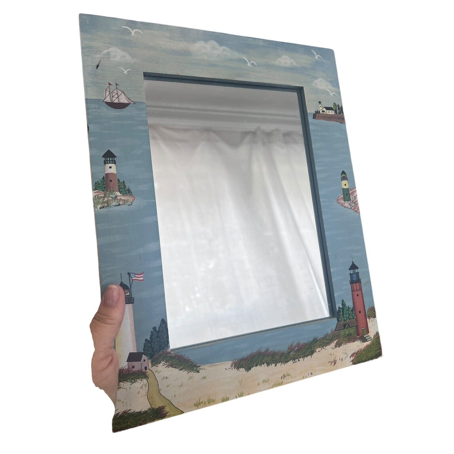 Hand Painted Wall Mirror Light House Wood Blue Handpainted Vintage 14” X 11”