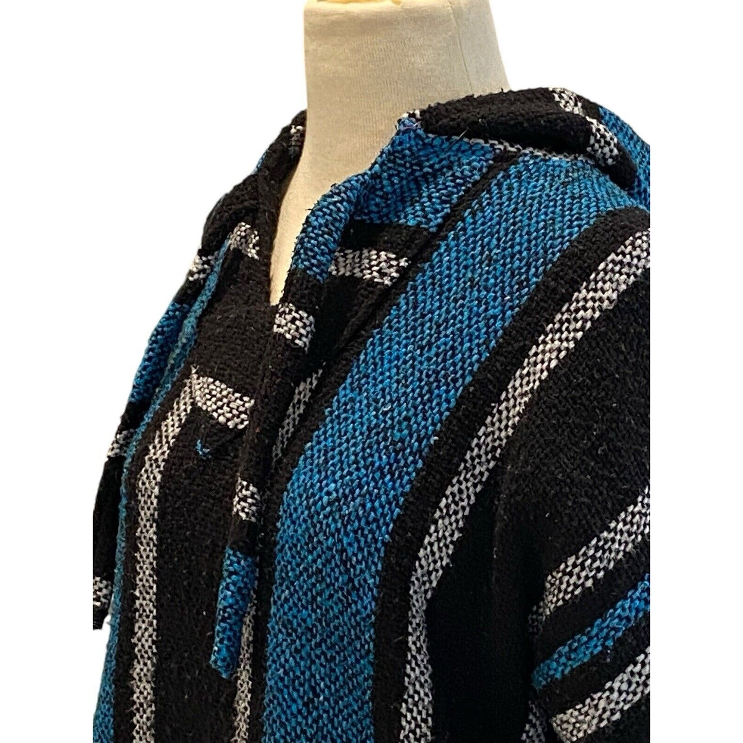 Size L Baja Hippie Poncho Pullover Hoodie Mexican Drug Rug Black Gray Striped