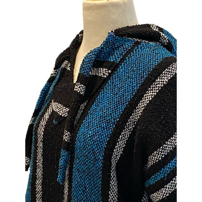 Size L Baja Hippie Poncho Pullover Hoodie Mexican Drug Rug Black Gray Striped