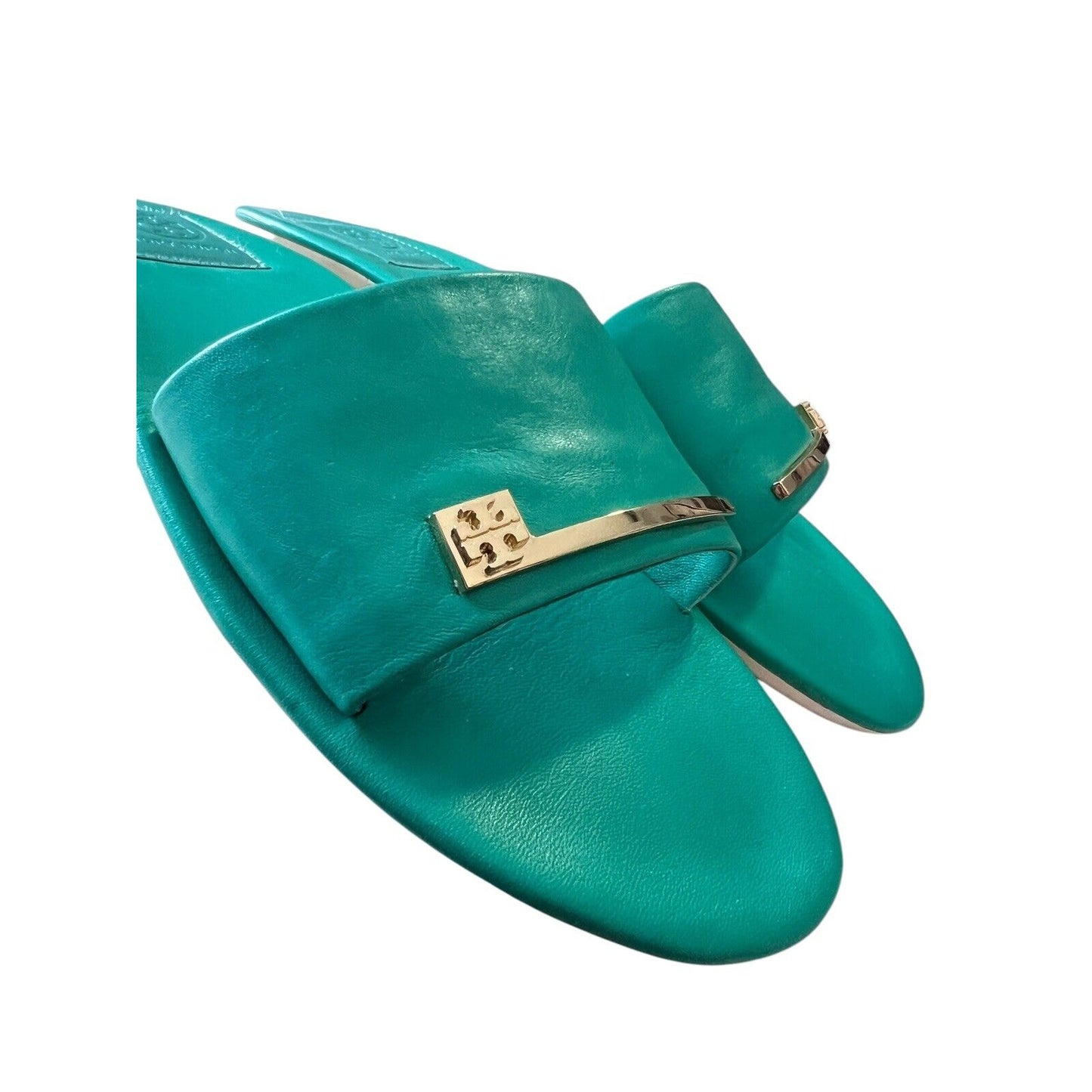 Tory Burch Ladies' Leather Slide Sandals Teal Green Slip-ons Slides Size 8.5