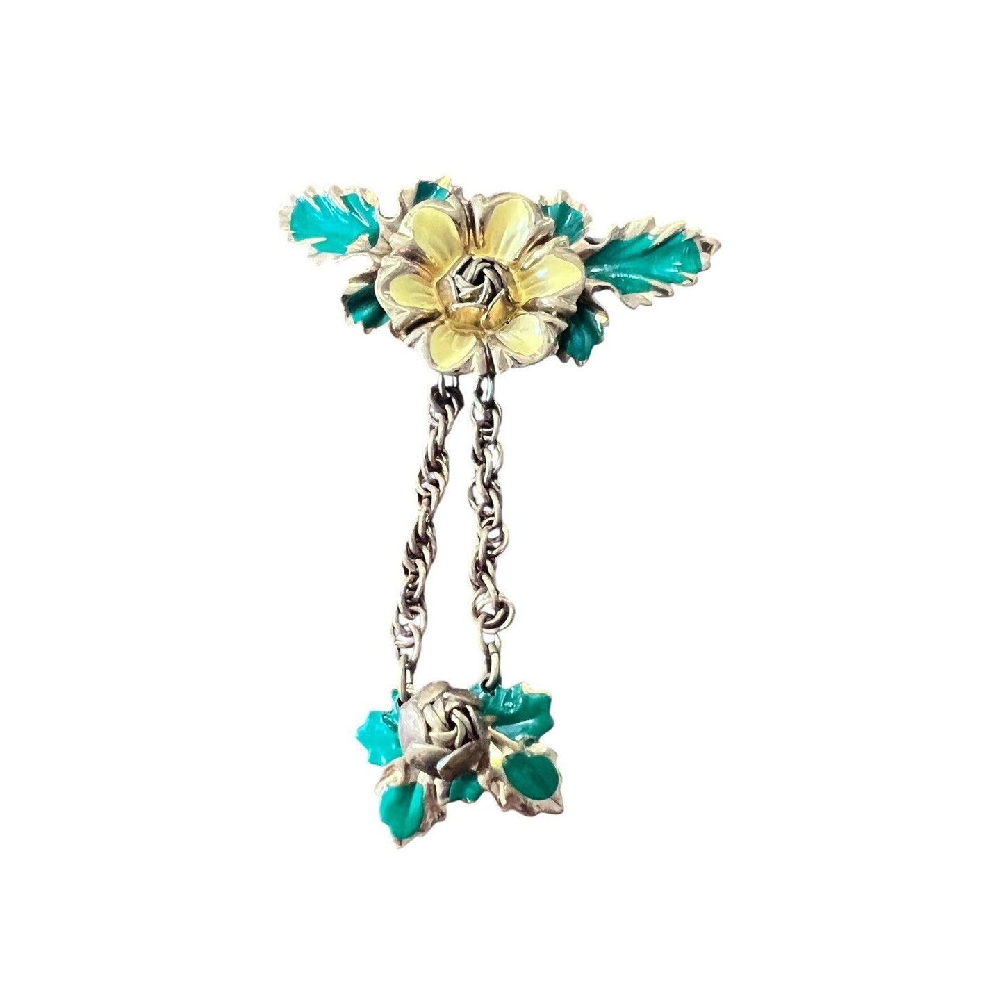 Gold Tone Yellow Flower Rosette Accent Dangle Brooch Pin Enamel