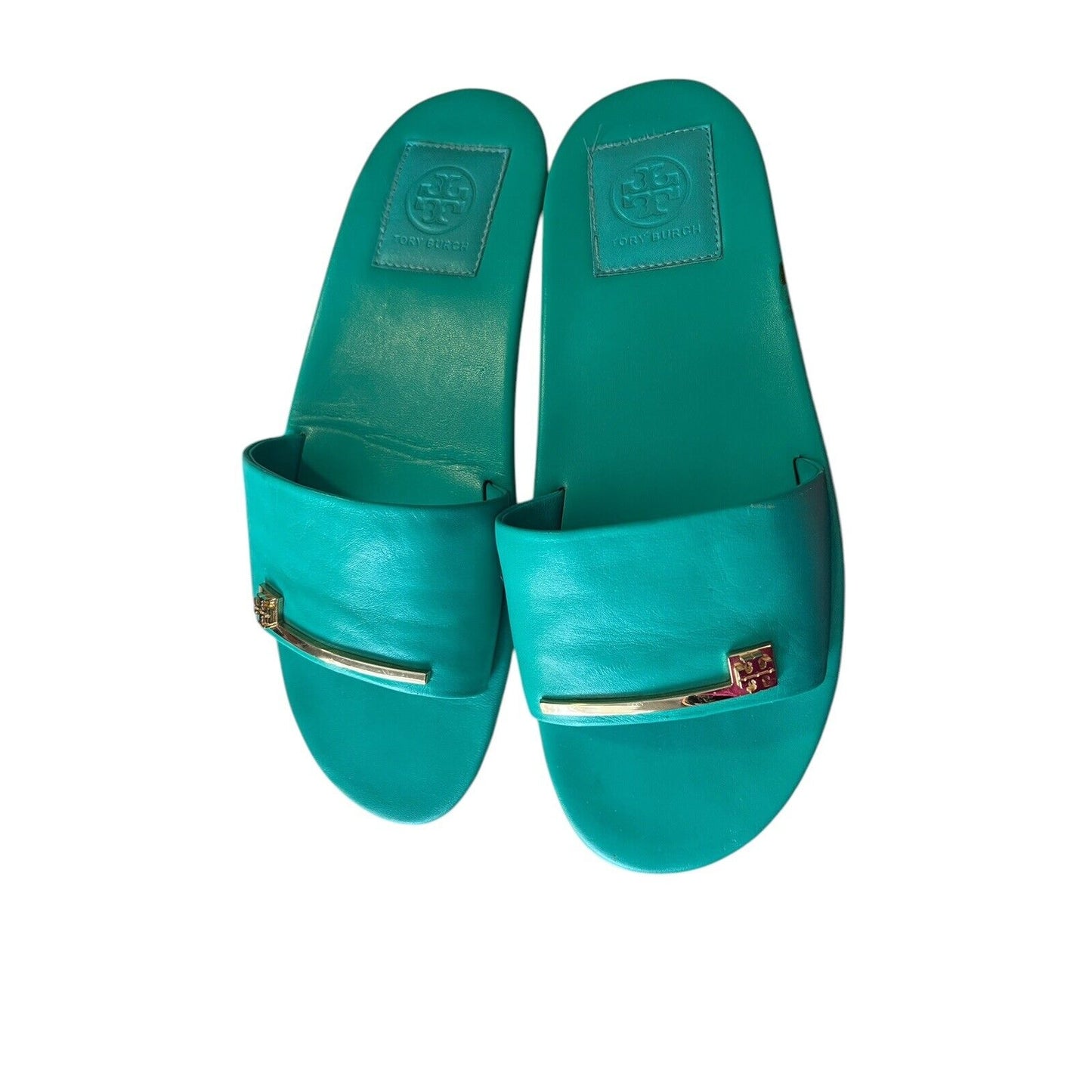 Tory Burch Ladies' Leather Slide Sandals Teal Green Slip-ons Slides Size 8.5