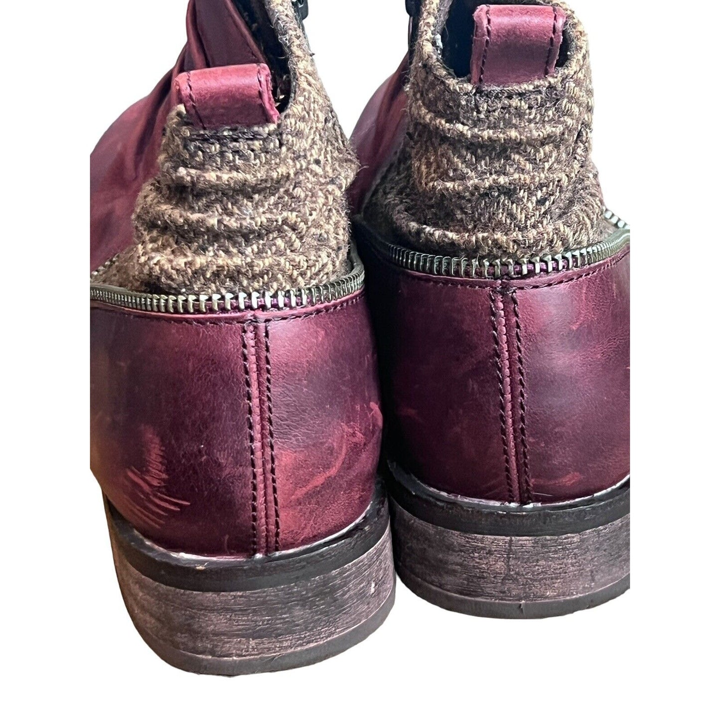 7.5 CAT CATERPILLAR KILEY Maroon Burgundy Leather Tweed Ankle Boots Zip