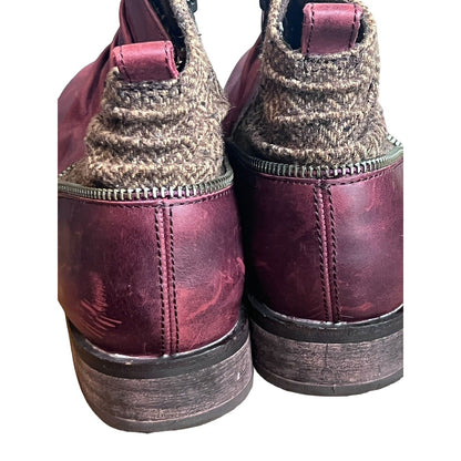 7.5 CAT CATERPILLAR KILEY Maroon Burgundy Leather Tweed Ankle Boots Zip