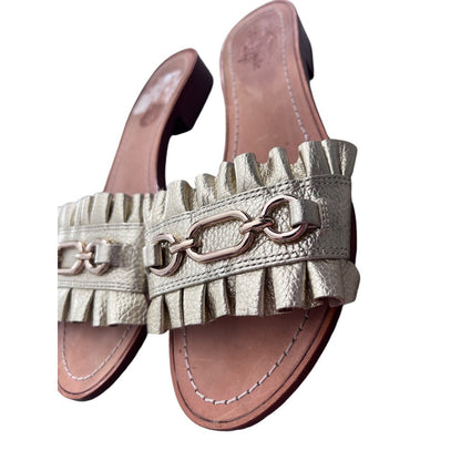 Size 9.5 Kate Spade Ruffle Beau Leather Slide Sandals Gold Chain Preppy Coastal