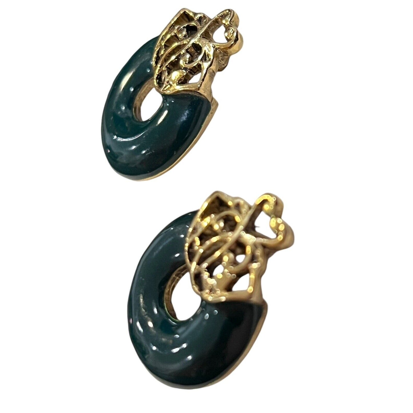 Vintage Gold Tone Door Knocker Green Enamel Round Pierced Fashion Earrings