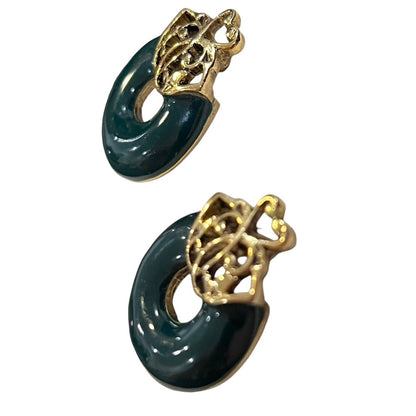 Vintage Gold Tone Door Knocker Green Enamel Round Pierced Fashion Earrings