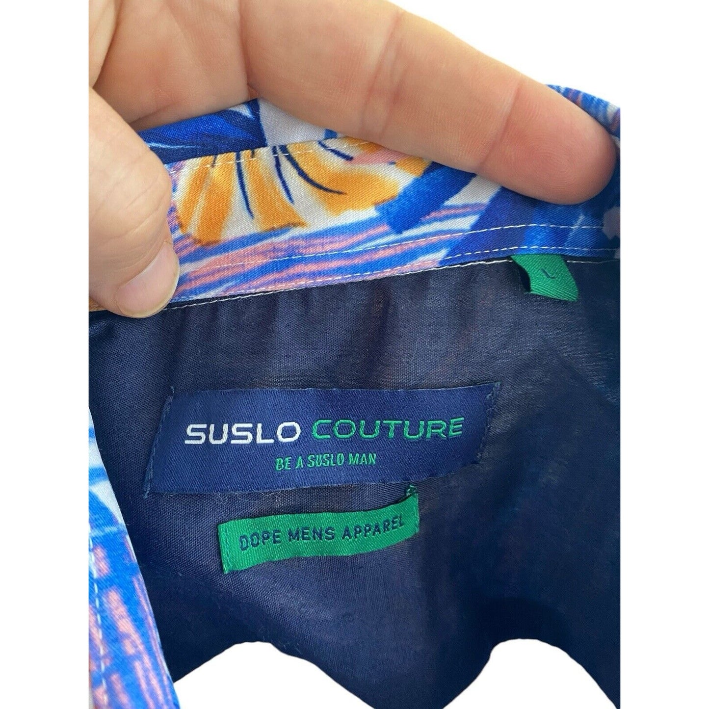 Large Suslo Couture Blue White Palm Toucan Button Down Hawaiian Shirt