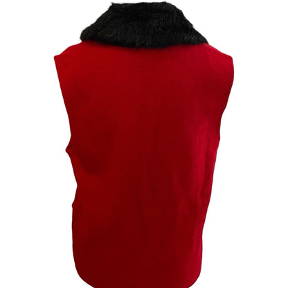 Large Vintage Tally Ho Red Wool Zip Front Vest Top Removable Fur Collar Holiday