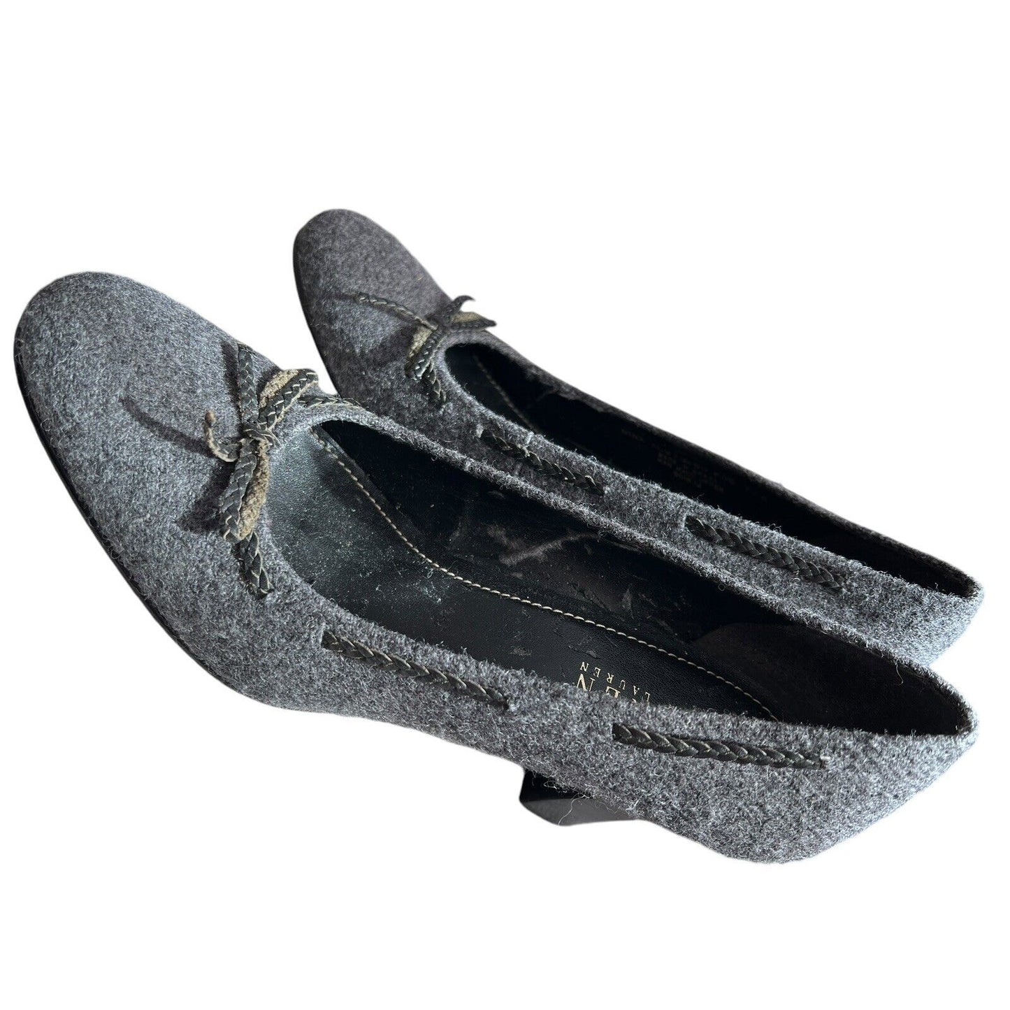 Size 7.5. Lauren Ralph Lauren Nina Gray Wool Pumps 3” Heel Bows Shoes Business