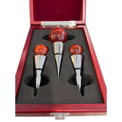 Gift Set of 3 Wood & Metal Wine Bottle Stopper Set in Wood Case