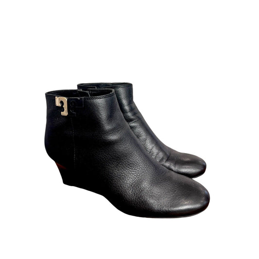 Tory Burch Brooke Black Ankle Wedge Woman Boots Size 9 EUC Pebbled Leather