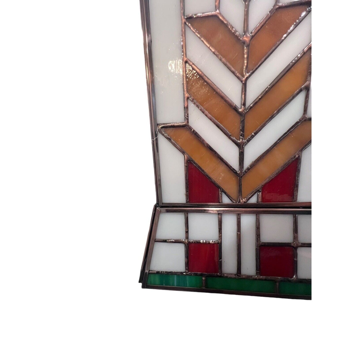 Tiffany-Style stained glass hurricane shade Brown Red White green arrow design