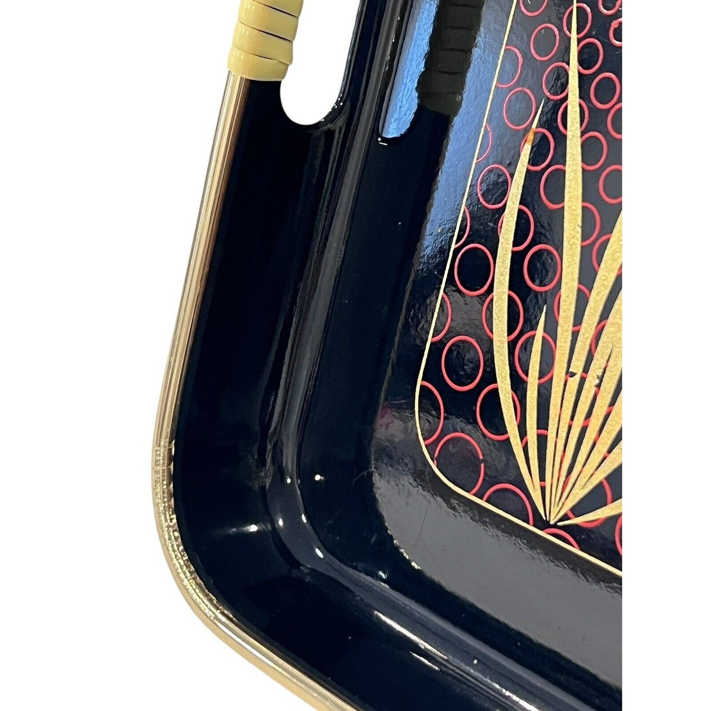 Japanese Black Lacquer Tray "Grand Iris" Gold Rim Wrapped Handles EUC Vintage