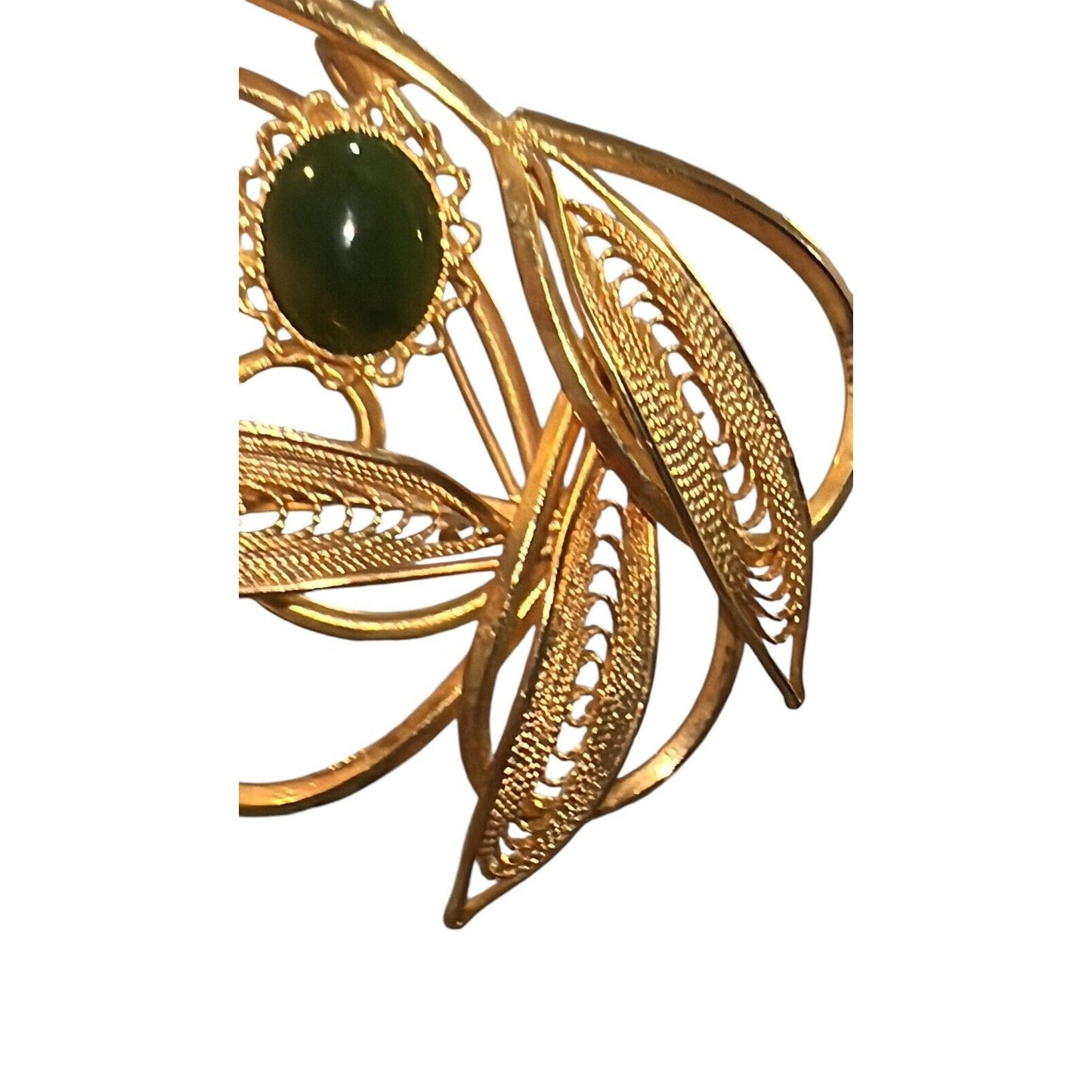 Vintage Nephrite Jade Cabochons Brooch Pin Gold Tone Filigree Leaves Beautiful