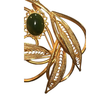 Vintage Nephrite Jade Cabochons Brooch Pin Gold Tone Filigree Leaves Beautiful