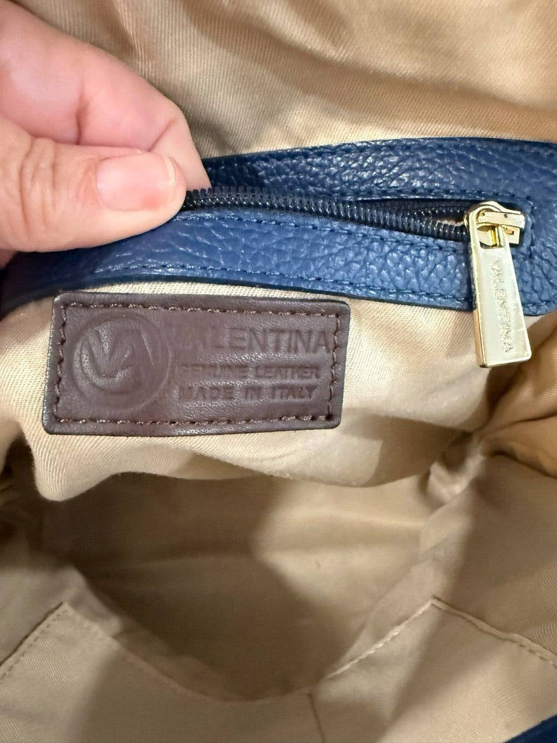 Valentina Italy Pebbled Leather Sling Backpack Purse Blue Convertible Gold Tone