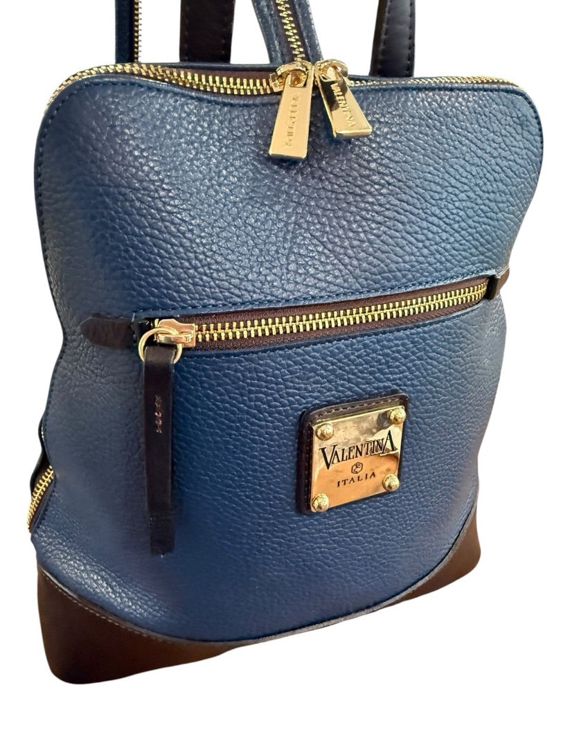 Valentina Italy Pebbled Leather Sling Backpack Purse Blue Convertible Gold Tone