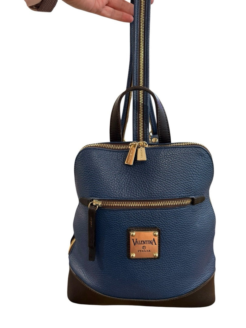 Valentina Italy Pebbled Leather Sling Backpack Purse Blue Convertible Gold Tone