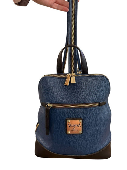 Valentina Italy Pebbled Leather Sling Backpack Purse Blue Convertible Gold Tone