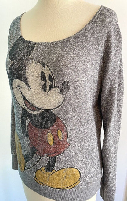 Disney Parks Womens Mickey Mouse Sweatshirt Graphic Wide 80's Neck medium Gray