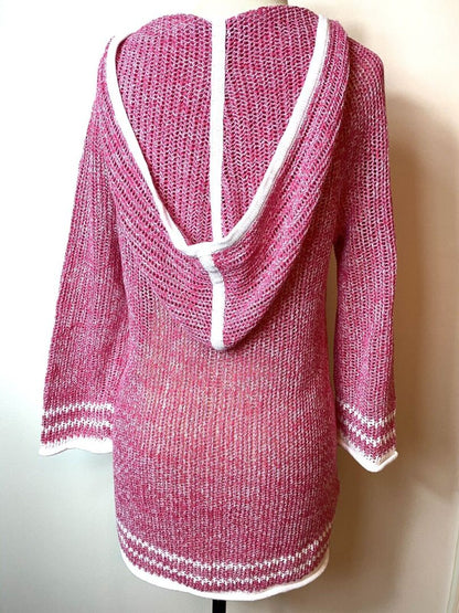 Small Tommy Bahama Women's Linen-Cotton Blend Hoodie Sweater Cover Up Pink White