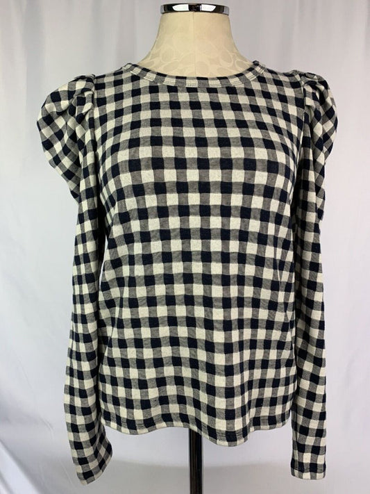 XS Ann Taylor Loft Long Sleeve Pullover Top Women's Navy Blue Tan Check