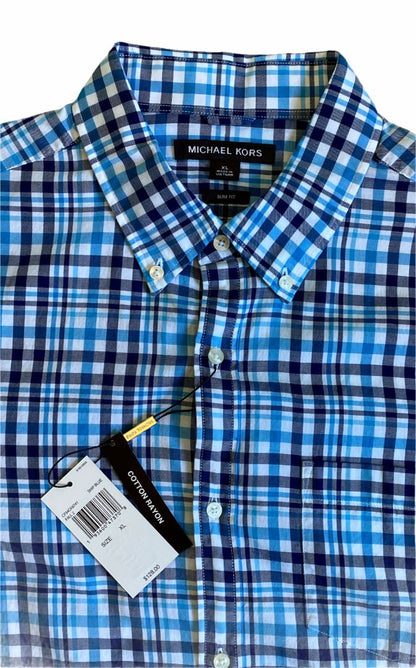 XL Michael Kors Plaid Button Down Shirt Ship Blue MSRP $128