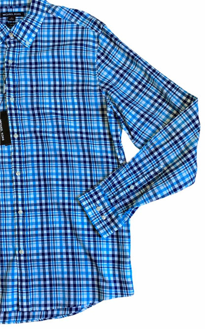 XL Michael Kors Plaid Button Down Shirt Ship Blue MSRP $128