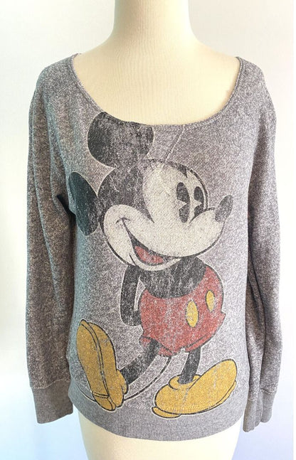 Disney Parks Womens Mickey Mouse Sweatshirt Graphic Wide 80's Neck medium Gray