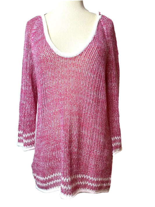 Small Tommy Bahama Women's Linen-Cotton Blend Hoodie Sweater Cover Up Pink White