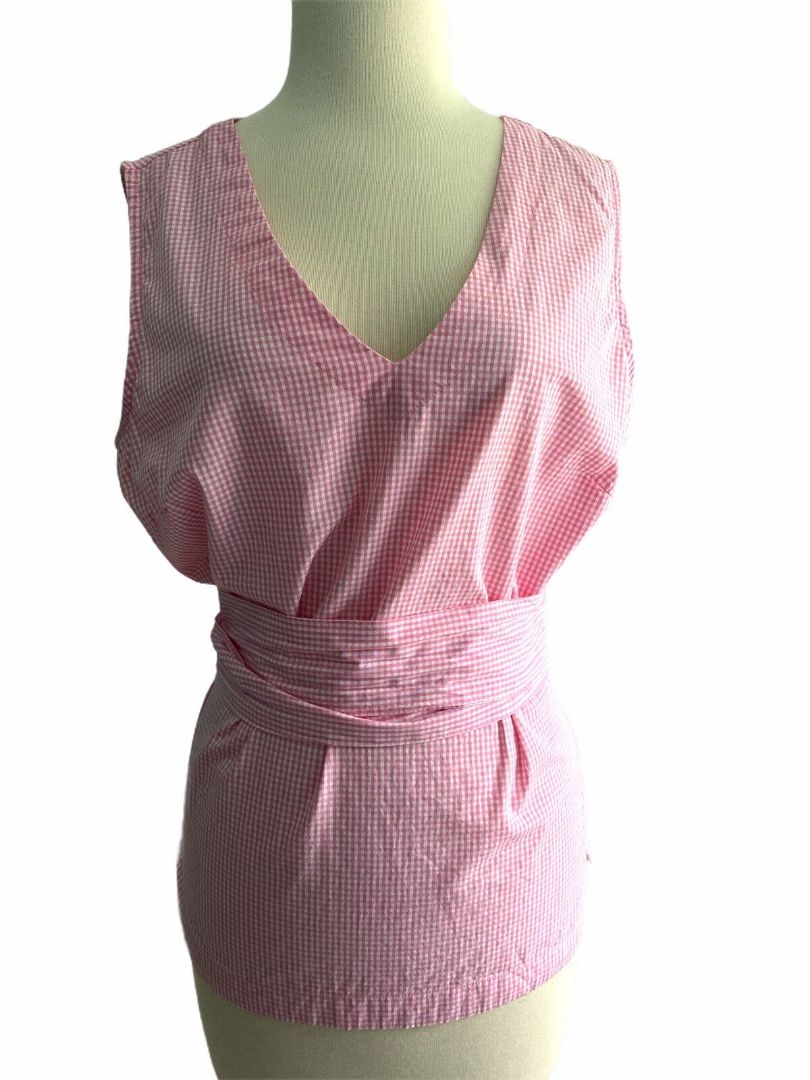 Max Jeans Pink & White Gingham Sleeveless Blouse Attached Sash Bow Size Large