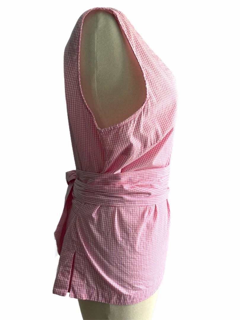 Max Jeans Pink & White Gingham Sleeveless Blouse Attached Sash Bow Size Large