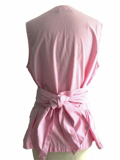 Max Jeans Pink & White Gingham Sleeveless Blouse Attached Sash Bow Size Large