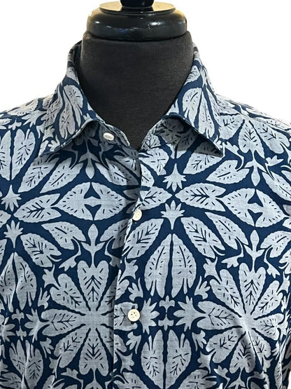 Medium Peter Millar Collection Hawaiian Button Up Shirt Blue Gray Mens 100% Cotton