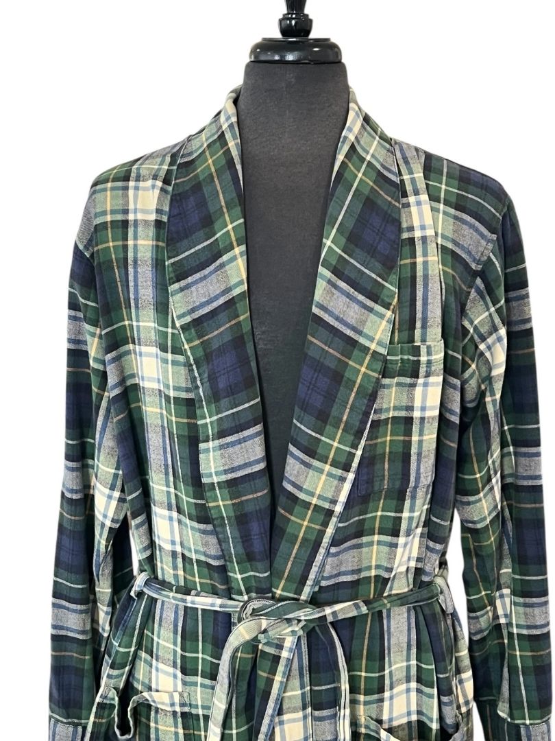 Small Vintage LL Bean Flannel Bathrobe Cotton Plaid Mens Belted Pockets