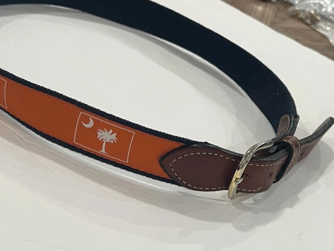 Size 32 South Carolina Flag Belt Mens Orange Canvas Leather Solid Brass Buckle Preppy
