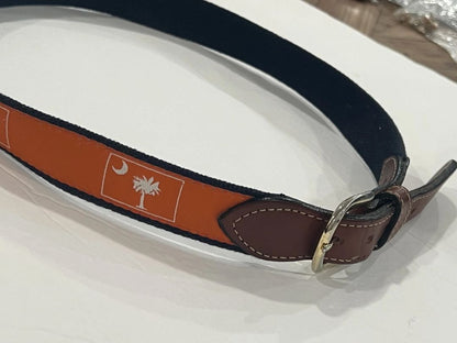 Size 32 South Carolina Flag Belt Mens Orange Canvas Leather Solid Brass Buckle Preppy